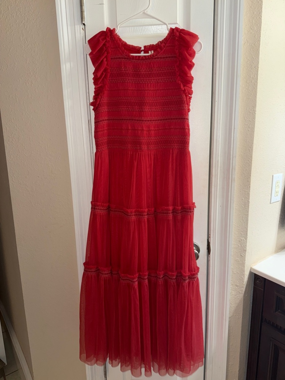 Anthropologie Size Medium Coral Tiered Mesh Ruffle Dress